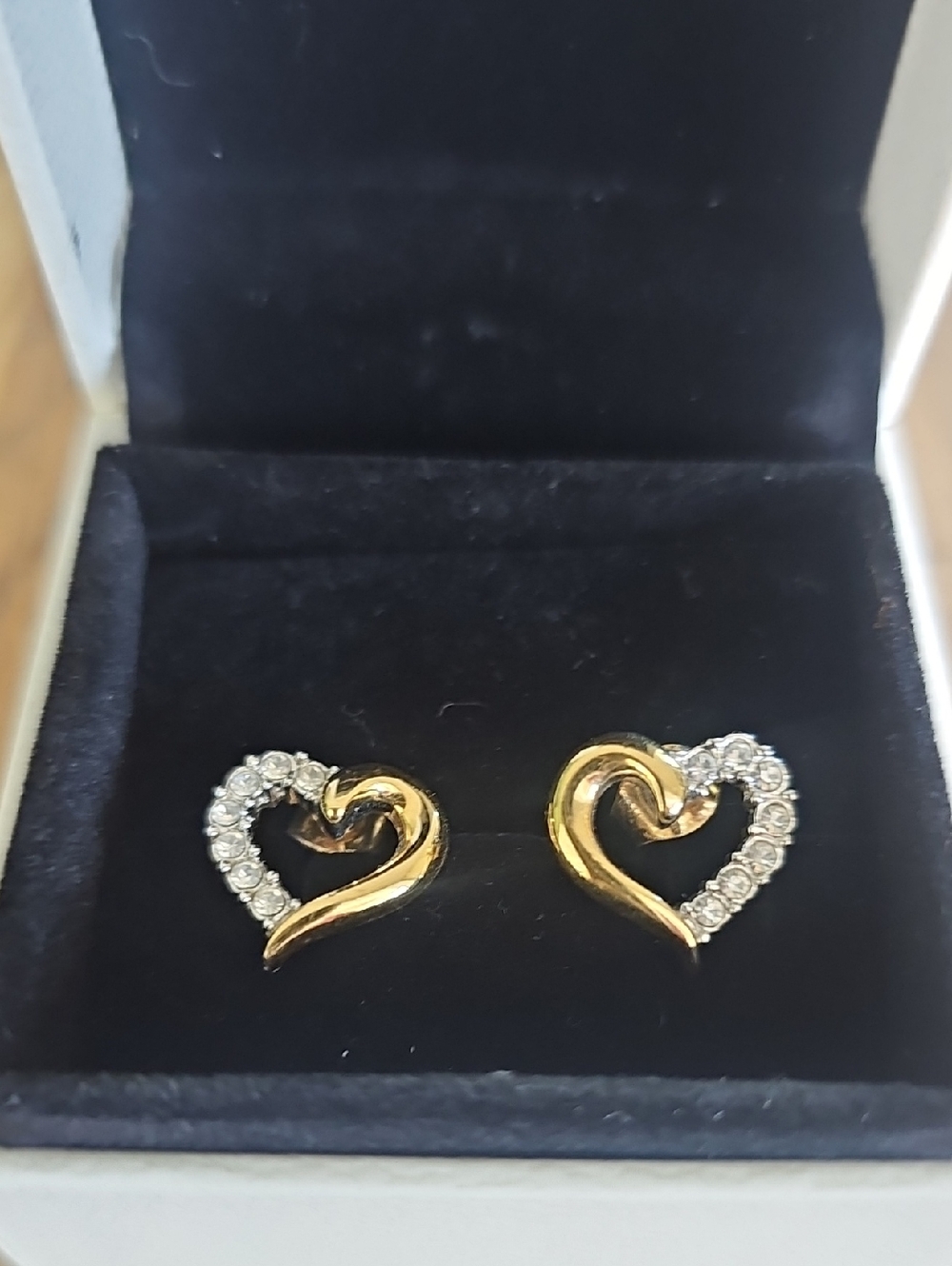 Gold and Silver Heart Stud Earrings with Clear Crystals